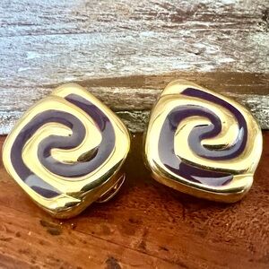 Vintage Gold & Purple Statement Swirl Clip Earrings 80s Deco Modernist Memphis